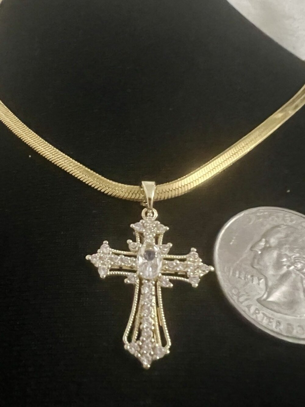18K Gold Plated Stainless Steel Cross Necklace Herringbone Chain 16"+2" - Picture 4 of 7